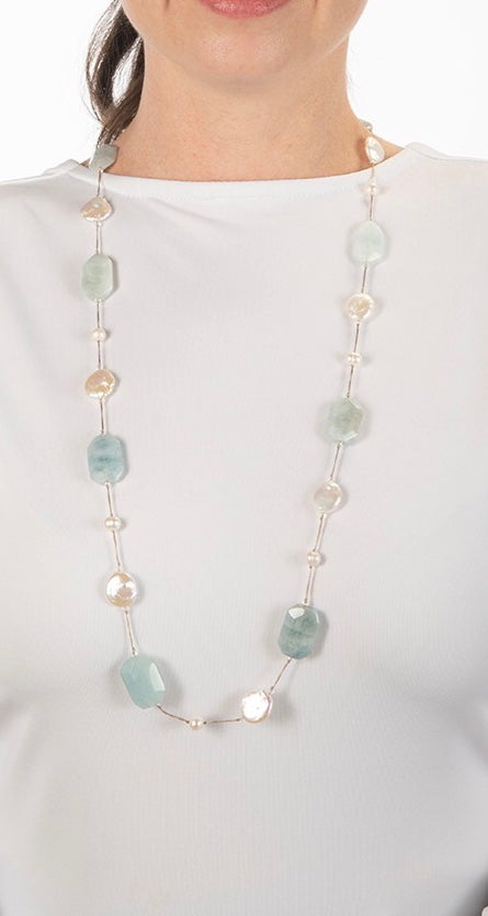 Pearl and Aquamarine Gold Necklace | Breathe Autumn Rain Jewelry